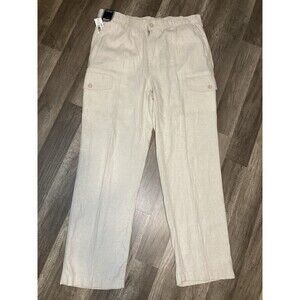 Roundtree & Yorke Mens Classic Flat Front Linen Blend Cargo Pants Tan 40x32 New